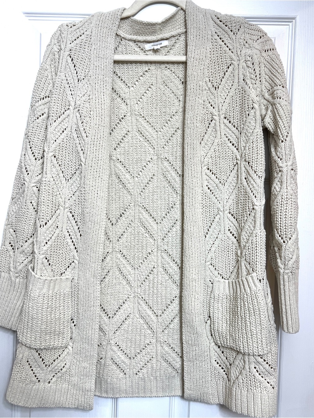 Maurices Cream Open-Front Diamond Knit Cardigan